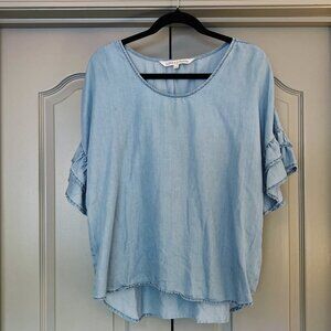 Lyocell Chambray Ruffle Sleeve Blouse Boho Lightweight Top Love & Versona Large